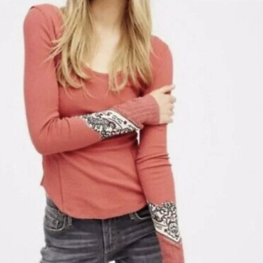 Free People Bandana Cuff Waffle Knit Thermal Boho Top - We the Free Size M